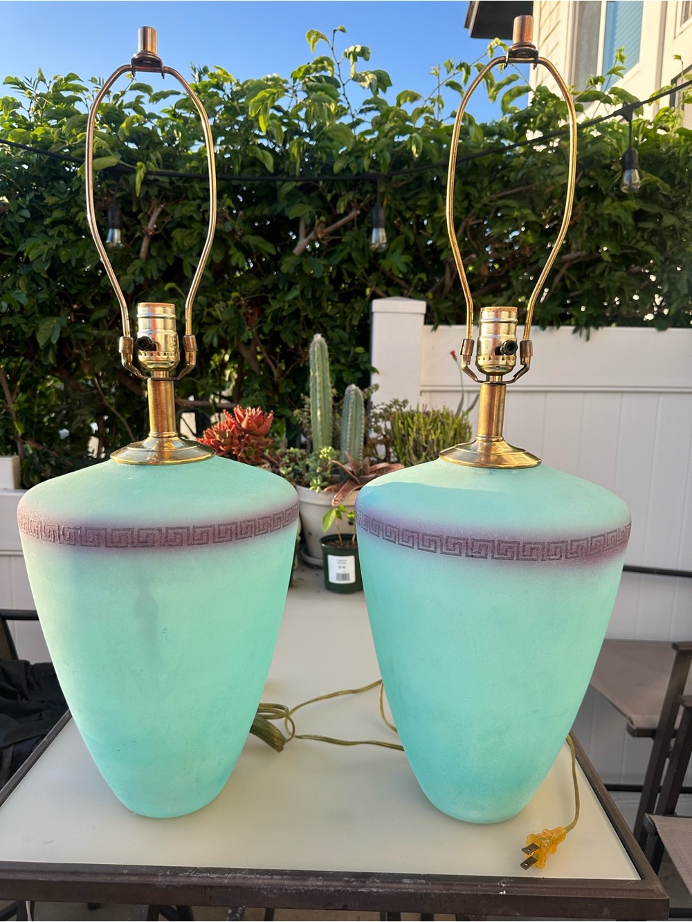 80s post modern aqua frosted glass table lamps (2) with Purple Greek key motif